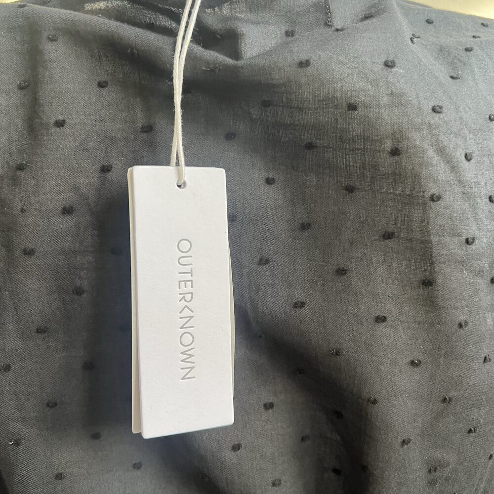 Outerknown NWT Sz S Lulu Black Long Slv Organic Cotton Dress Tie Waist Swiss Dot - Picture 9 of 9